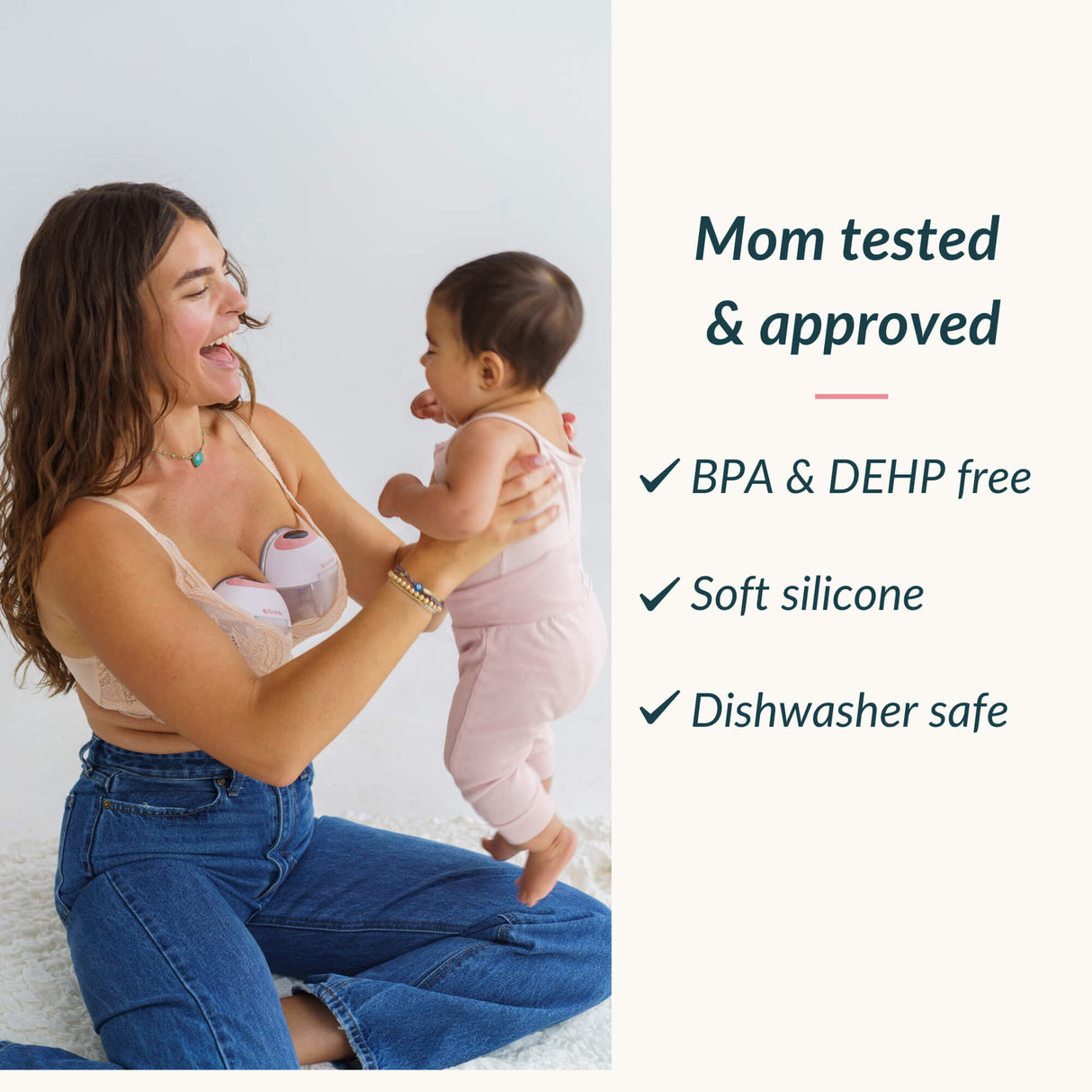 Woman holding a baby with product safety features listed on the right