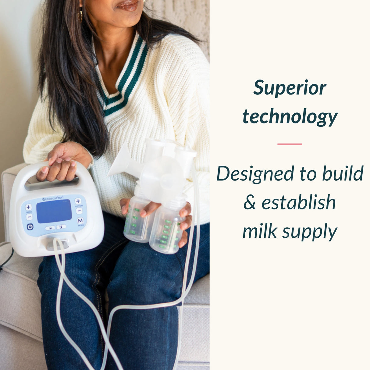 A woman seated indoors holds a breast pump setup with a white electric pump and clear collection bottles. Text on the right reads, 'Superior technology Designed to build & establish milk supply.