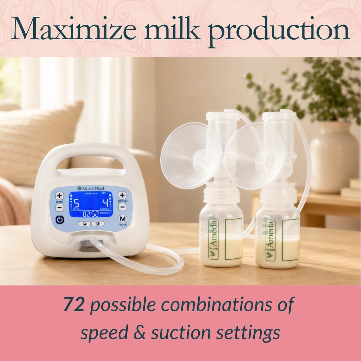 A breast pump set displayed on a wooden table in a softly lit home interior. The set includes a white digital pump with a blue display, clear flange cups, and two clear bottles with visible Arinkoo branding.