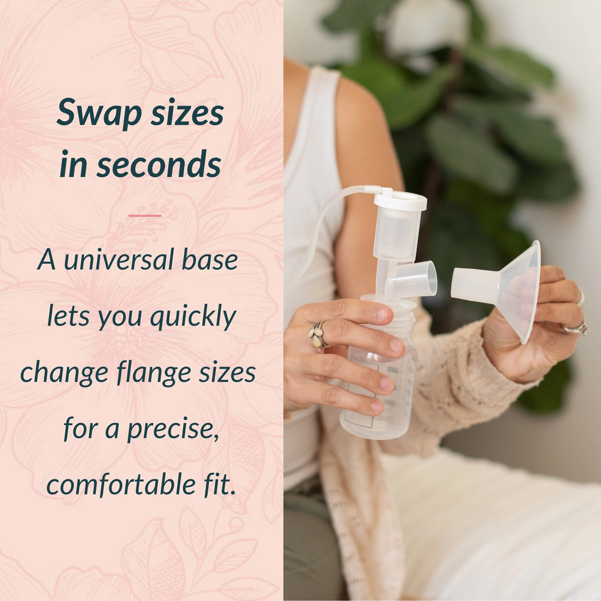 Mother swapping flange sizes on an Ameda breast pump — the universal base stays connected while the flange inserts are changed for a precise, comfortable fit