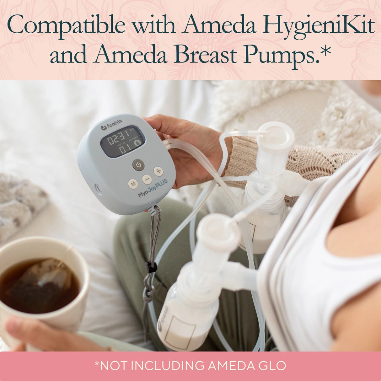 Woman holding Ameda Mya Joy PLUS breast pump — CustomFit 2-Piece Flanges are compatible with Ameda HygieniKit milk collection systems and all Ameda breast pumps except Ameda GLO