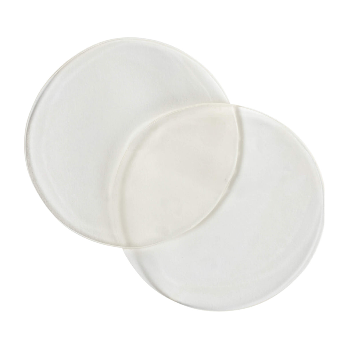 Two overlapping white circular pads on a plain background.