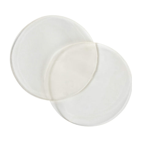 Two overlapping white circular pads on a plain background.
