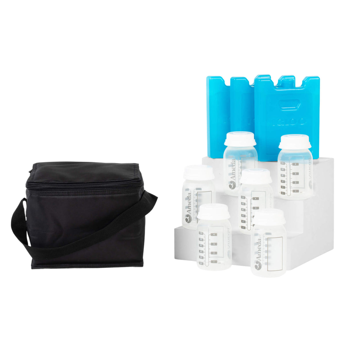A black insulated cooler bag, six transparent bottles with measurement markings, and three blue ice packs.