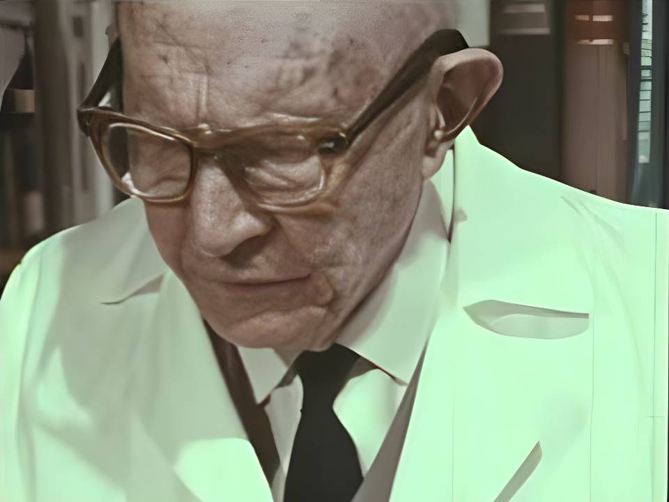 Elderly man wearing glasses, a white coat, and a black tie, looking downwards.
