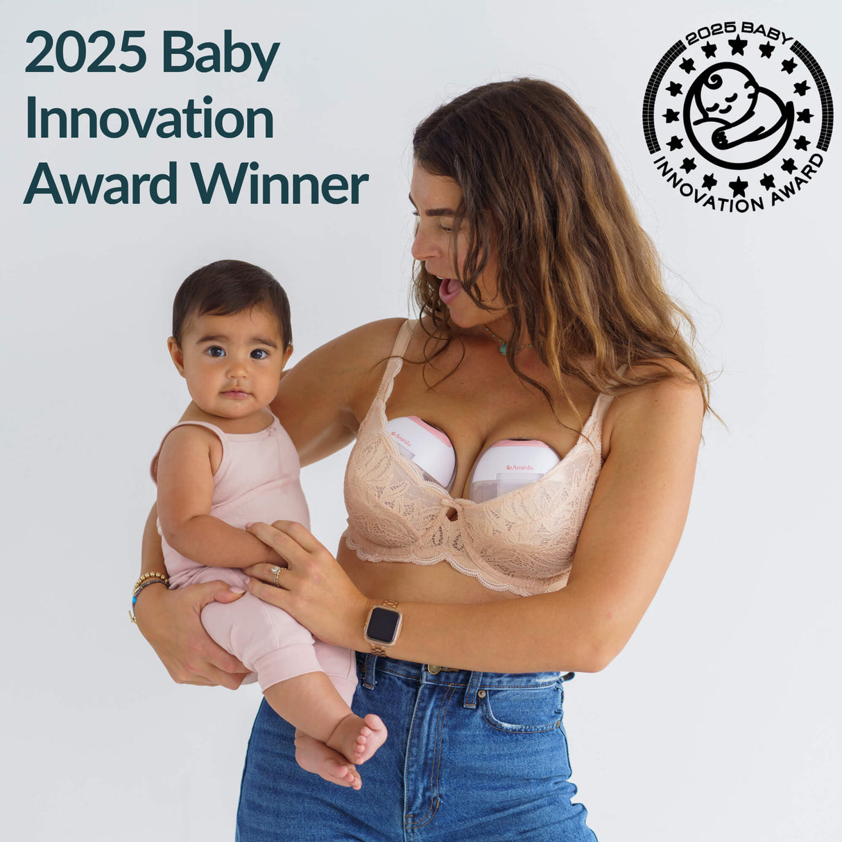 Woman holding a baby with '2025 Baby Innovation Award Winner' text and logo on a white background