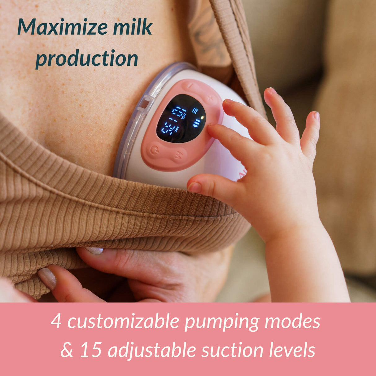 Woman using a breast pump with text about customizable pumping modes and adjustable suction levels.