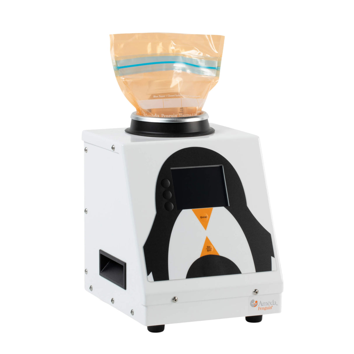 A white machine with a penguin design on the front, featuring a screen and buttons, and a sealed orange bag on top.