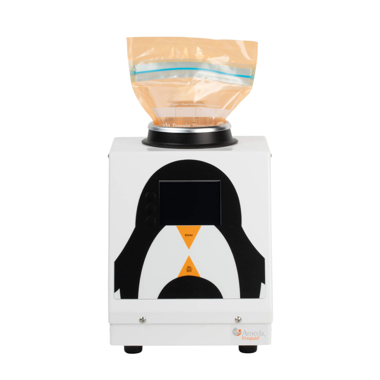 White box-shaped machine with a penguin design and an orange plastic bag attached on top.