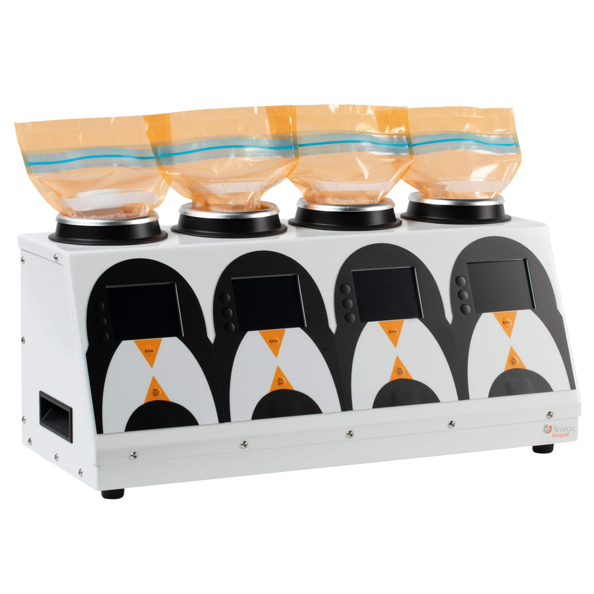 A white machine with a penguin design on the front, featuring a screen and buttons, and a sealed orange bag on top.
