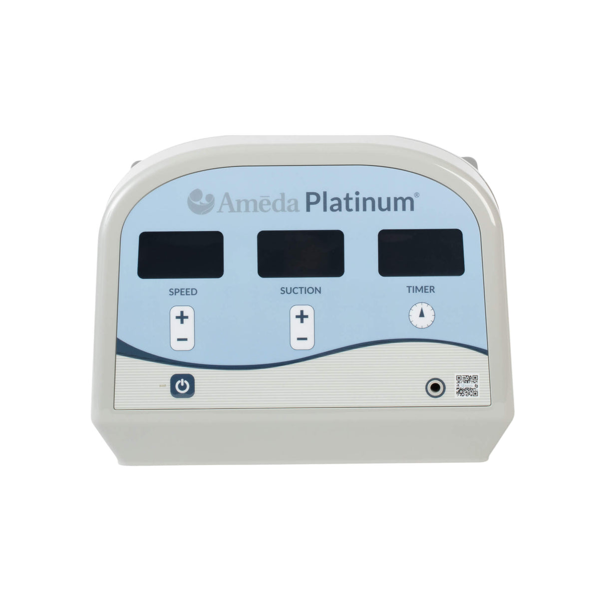 Ameda Platinum breast pump control panel with plus and minus buttons for speed and suction, and a timer display.