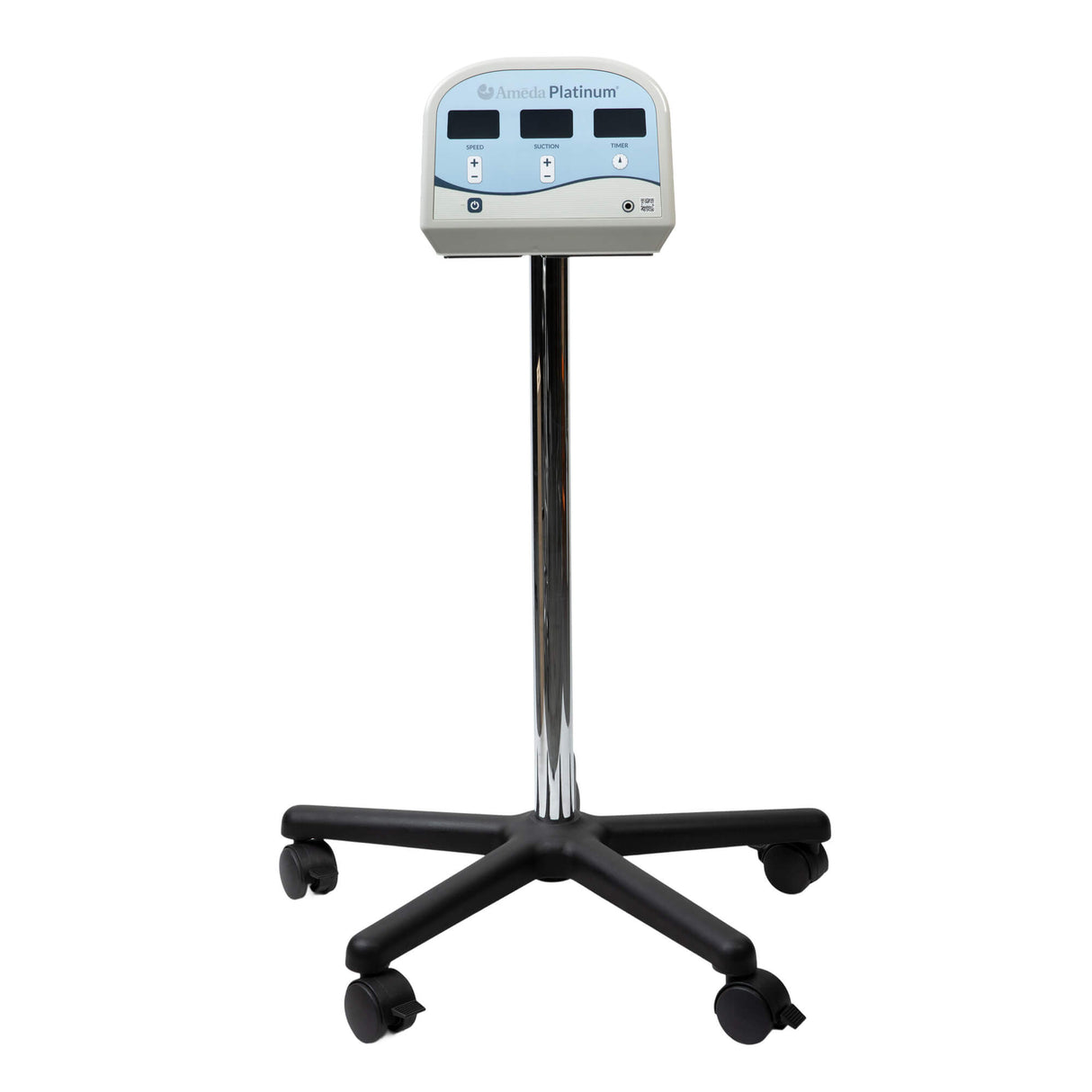 Medical device with a display panel mounted on a metal pole with a wheeled base.