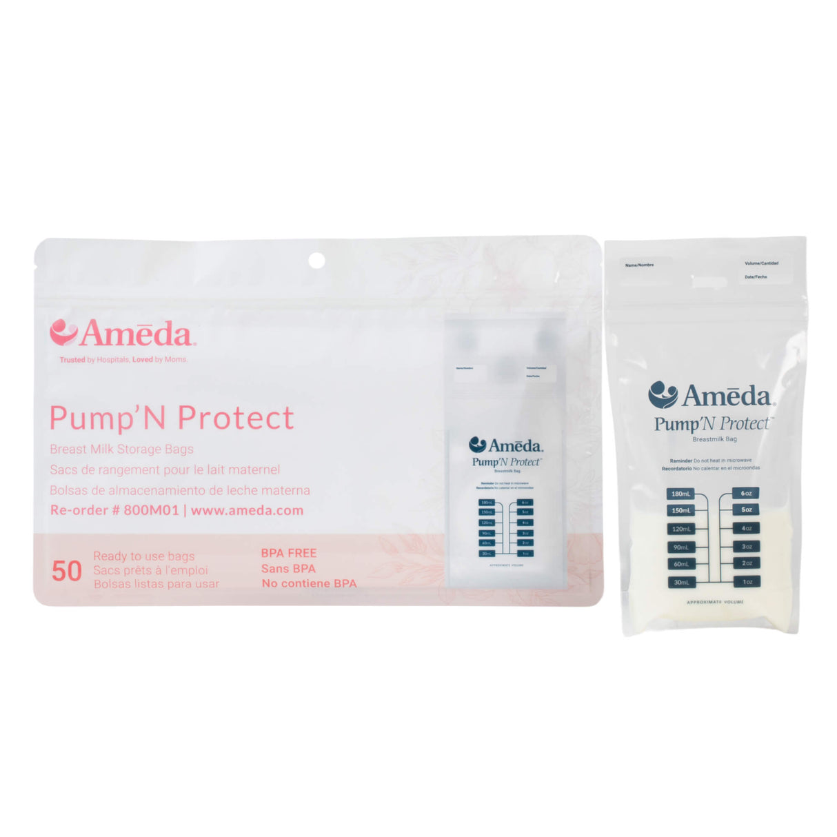Ameda Pump'N Protect breast milk storage bags packaging with a clear bag beside it showing measurement markings.