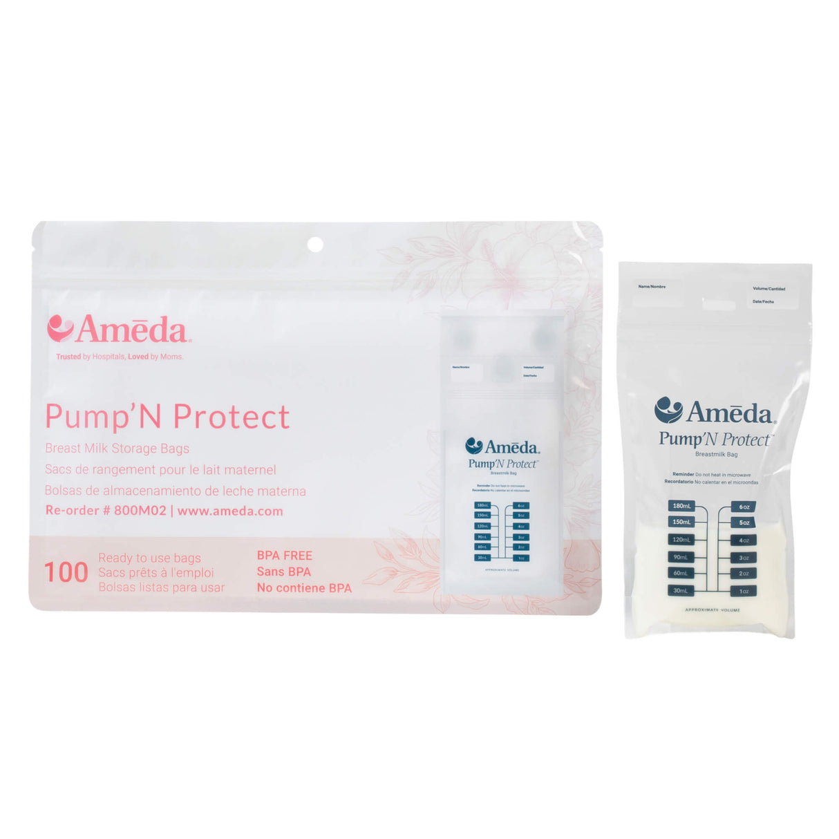 Ameda Pump'N Protect breast milk storage bags packaging with one clear bag showing measurement markings on the right.