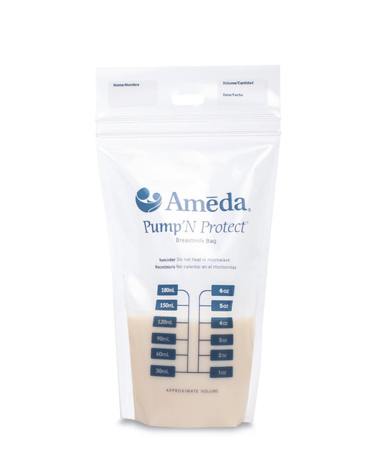 A clear plastic bag labeled "Ameda Pump'N Protect Breastmilk Bag" containing breastmilk. The bag has markings on the front for measuring volume in milliliters (mL) and ounces (oz), with measurements indicated as 30 mL (1 oz), 60 mL (2 oz), 90 mL (3 oz), 120 mL (4 oz), 150 mL (5 oz), and 180 mL (6 oz). There are sections titled "Name/Nombre," "Volume/Cantidad," and "Date/Fecha" for labeling.