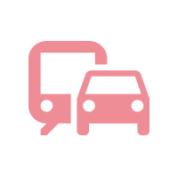 Icon depicting a pink car and a bus on a white circular background.