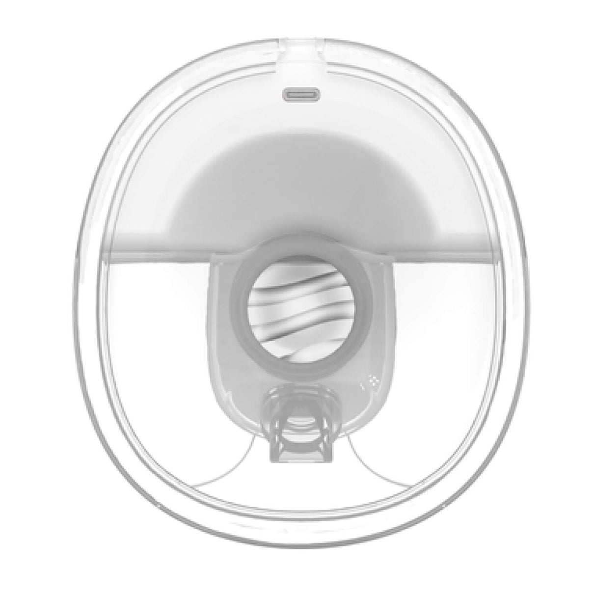 Bottom view of an Ameda wearable breast pump showing the milk entry point and internal components through the transparent outer shell.