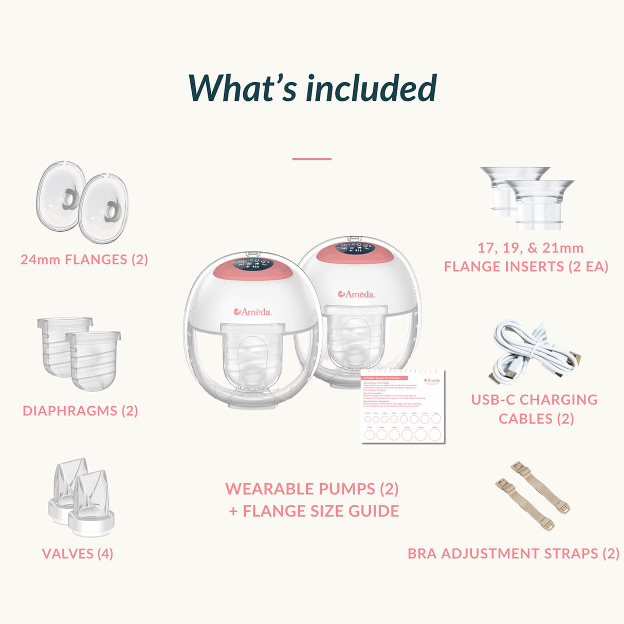 Image showing components of a breast pump set, including two 24mm flanges, two diaphragms, four valves, two wearable pumps with flange size guide, multiple flange inserts in sizes 17, 19, and 21mm, two USB-C charging cables, and two bra adjustment straps.