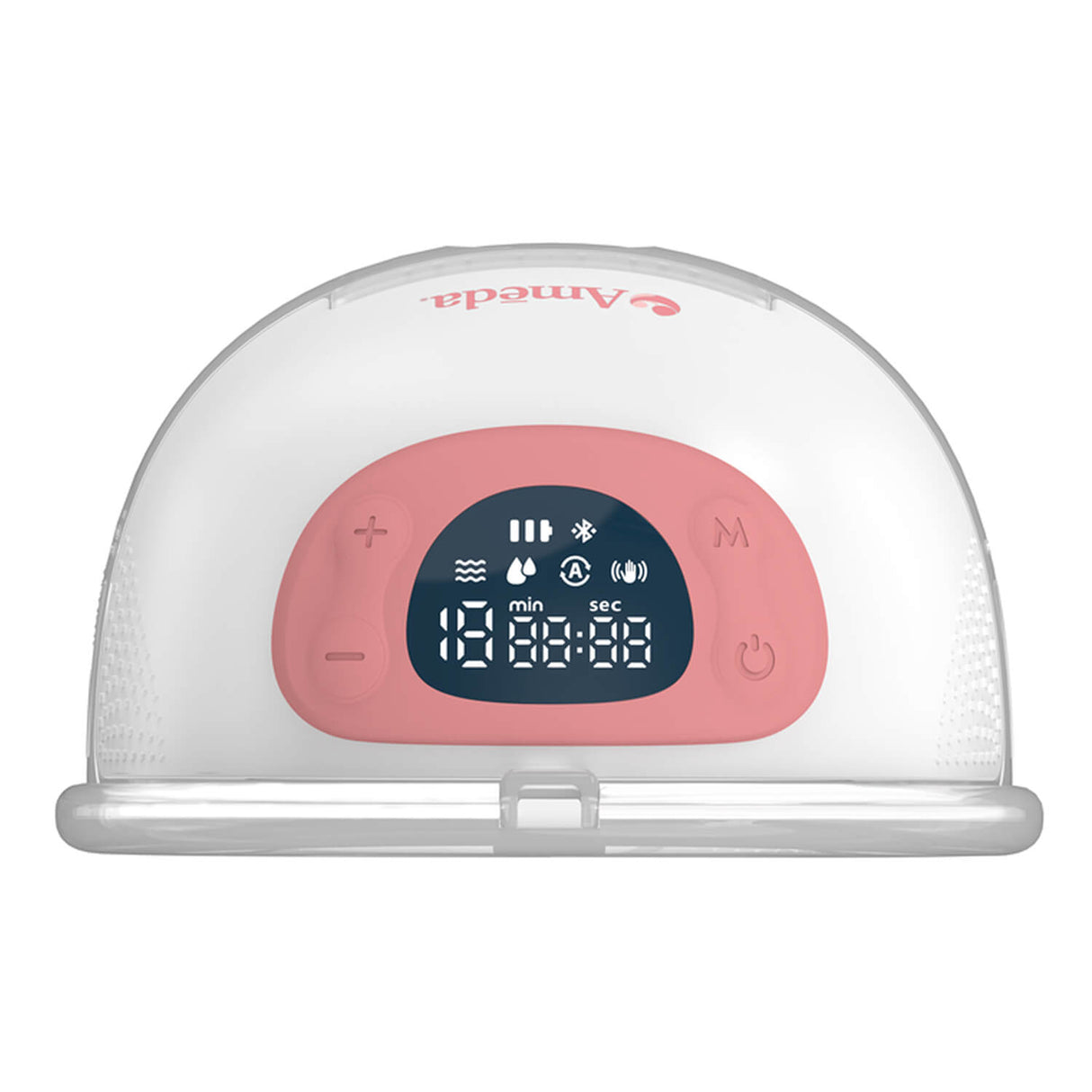 Top view of an Ameda wearable breast pump showing the digital display with icons, timer, and control buttons on a pink interface, attached to the white and clear body of the device.