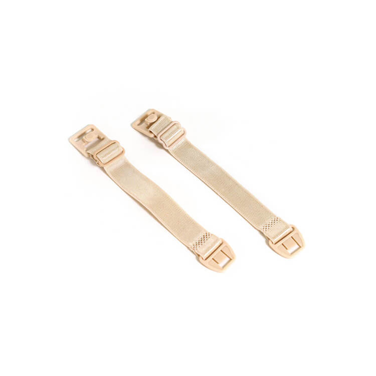 Two beige adjustable straps with plastic buckles, laid side by side on a white background.
