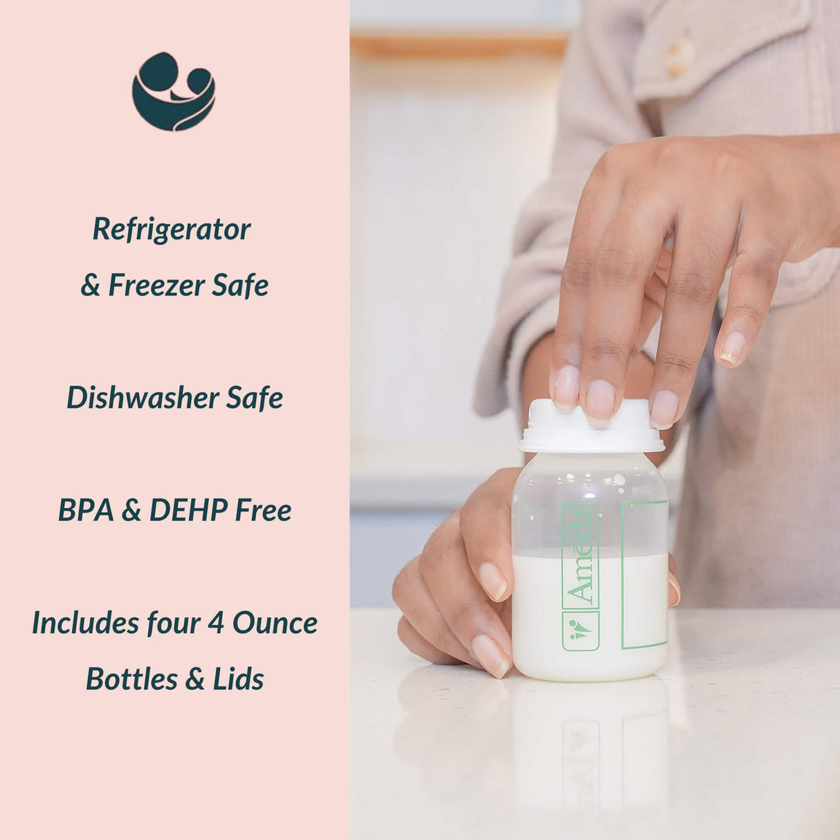 Close-up of a woman capping an Ameda bottle filled with milk, next to text listing product features like safety and included items.