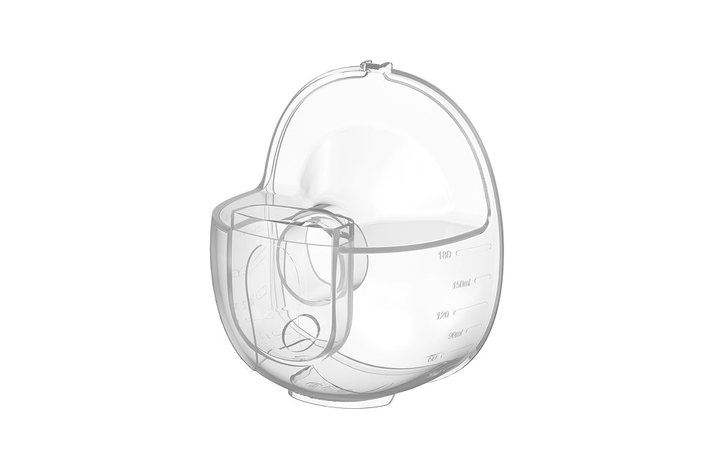 Clear, semi-spherical container with measurement markings and an indentation on one side.