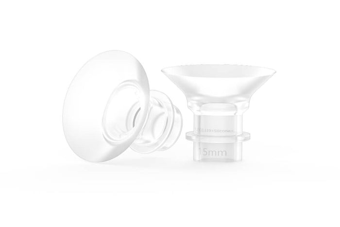 Two clear silicone breast pump flanges, one angled side view, one upright, showing size marking of 15mm.