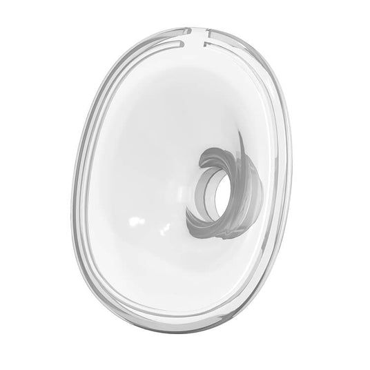 Transparent, oval-shaped plastic or glass mask with a central circular opening.