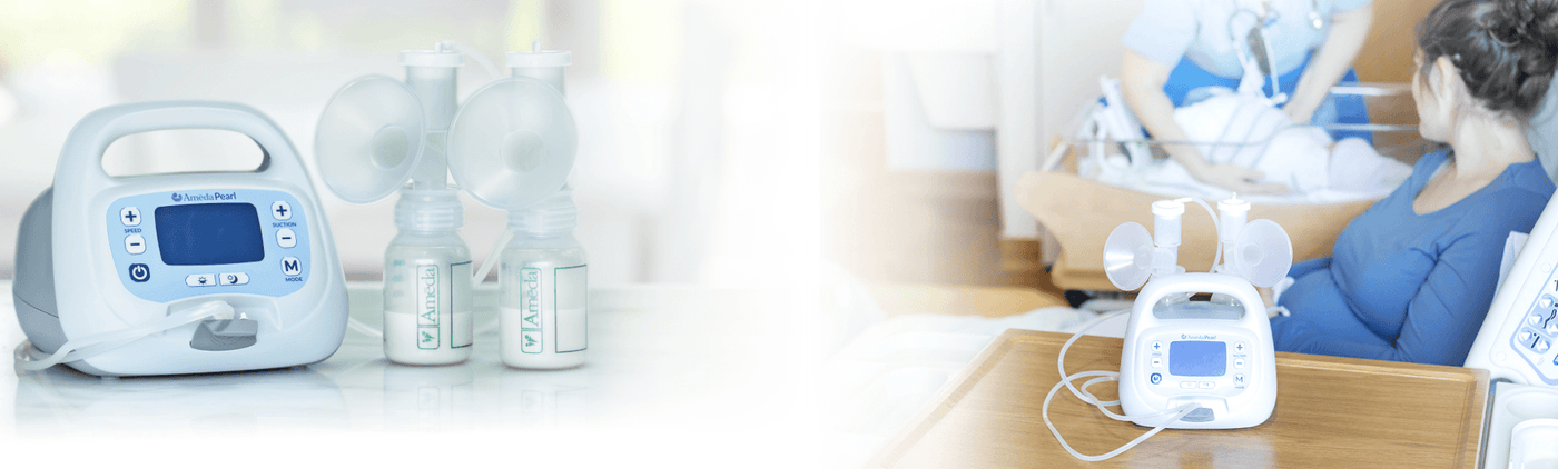 Ameda Pearl electric breast pump is shown on the left side, with a digital display and buttons for adjusting speed and suction. Two clear bottles for milk collection are placed next to the pump, each attached to a breast shield. The right side of the image features a woman in a blue shirt sitting in a hospital bed, using the same pump while a nurse helps her with a newborn swaddled in blankets. The background suggests a calming hospital environment, with soft lighting and warm tones.