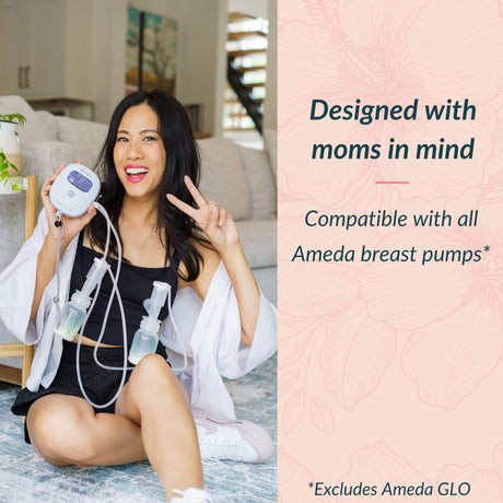 Woman holding an Ameda breast pump with text 'Designed with moms in mind' and 'Compatible with all Ameda breast pumps'.