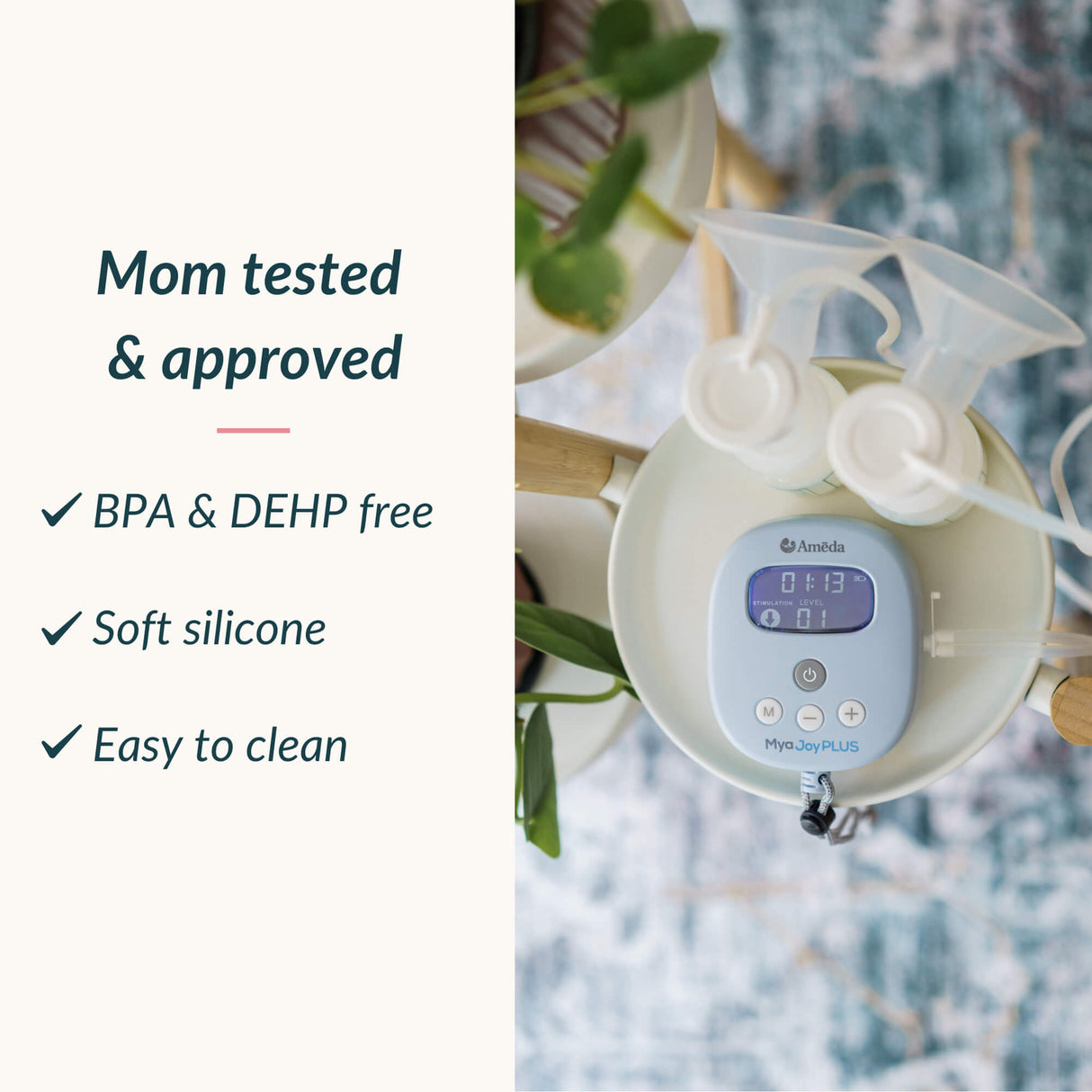 Breast pump with text highlighting features like BPA & DEHP free, soft silicone, and easy to clean.