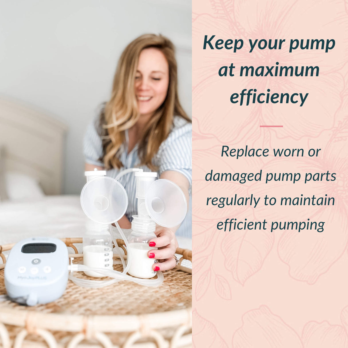 Woman using a breast pump with text on maintaining pump efficiency.