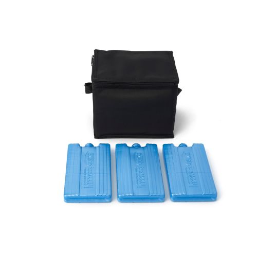A black insulated lunch bag with a zippered closure is placed in the center, accompanied by three blue ice packs that lie side by side. The ice packs have a rectangular shape with ridged surfaces for grip.