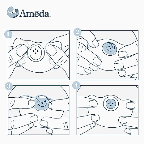 Four instructional panels from Ameda demonstrate breast pump operation:
Two hands hold a circular attachment with a button in the center.
One hand presses the button while the other holds the attachment.
The button compresses as pressure is applied.
The attachment returns to its original shape once the button is released. The Ameda logo is in the top left corner.