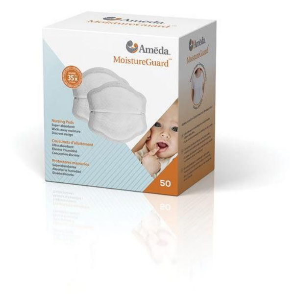 A packaging box for Ameda MoistureGuard nursing pads. The box is predominantly white with light blue and orange accents. It displays the product name "MoistureGuard" prominently at the top, alongside other details like "Nursing Pads" and "50" indicating the quantity. There is a circular icon showing a baby’s face on the right side, with the baby making a playful expression. The packaging features information in both English and another language, highlighting the absorbent qualities and the product's design.