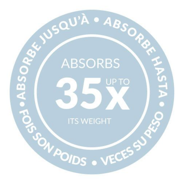 A circular graphic with a light blue background. In the center, the word "ABSORBS" is prominently displayed in bold, white letters. Below it, the text "35 up to x" is shown, emphasizing a measurement of absorption capacity. The phrase "its weight" is positioned underneath. Surrounding the central text, there are additional phrases in smaller white text in different languages: "ABSORBE JUSQU'A" (French), "ABSORBE HASTA" (Spanish), "FOIS SON POIDS" (French), and "VECES SU PESO" (Spanish). The overall design h