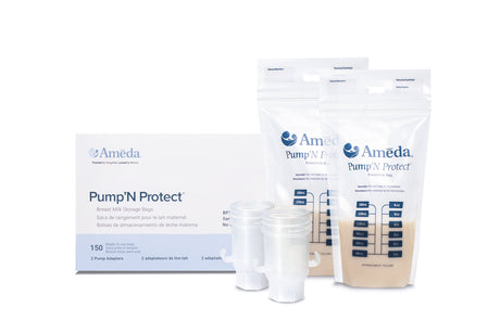 A product image featuring Ameda Pump'N Protect breast milk storage bags. The packaging includes a white box labeled "Ameda Pump'N Protect" with the text "Breast Milk Storage Bags" in multiple languages. The box contains 150 bags and two white pump adapters. Two clear breast milk storage bags are displayed upright, showing measurement markings for volume in ounces and milliliters. The bags are partially filled with a light beige liquid, representing breast milk.