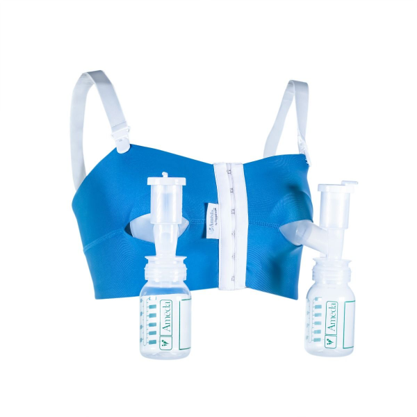 A blue nursing bra designed for hands-free pumping, featuring a central zipper and openings that accommodate breast pump flanges. Attached to both sides are clear breast milk collection bottles, each labeled with the brand name "Ameda." The bra straps are white, and the overall design looks comfortable and functional for breastfeeding mothers.