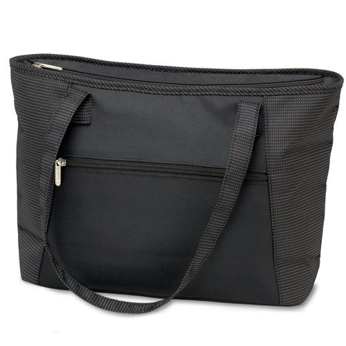 A black tote bag made of durable fabric, featuring a central zippered compartment and a smaller zippered pocket on the front. The bag has two sturdy handles for easy carrying and a textured design on the side panels. The overall appearance is sleek and practical, suitable for everyday use.