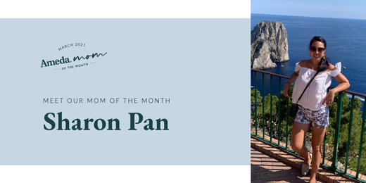 Graphic featuring "Ameda Mom of the Month" for March 2021 with Sharon Pan, alongside a photo of Sharon smiling on a scenic balcony overlooking the ocean and cliffs.