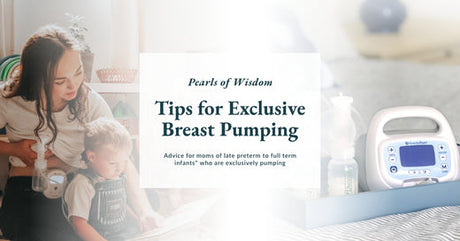 A split image of a mother using a breast pump and a close-up image of the breast pump product.