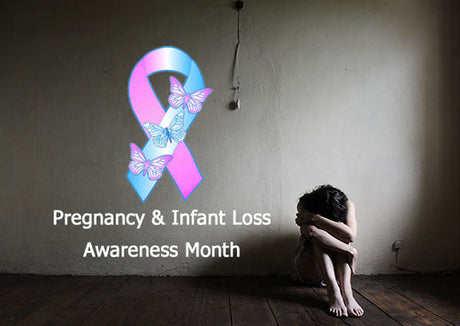 Image of a woman curled up crying in a dark room with text overlaid that reads "Pregnancy & Infant Loss Awareness Month"