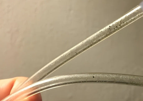 Close-up of clear breast pump tubing with visible black mold spots inside, held against a neutral background.