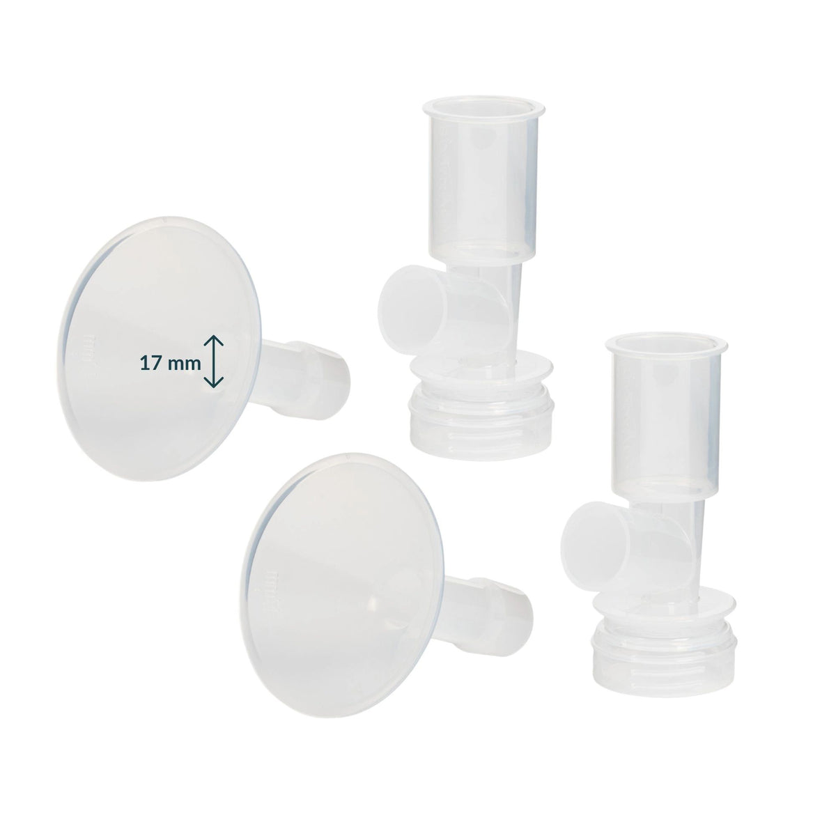 Ameda CustomFit 2-Piece Hard Flange set in 17mm — includes two clear plastic flanges and two universal bases for Ameda breast pumps