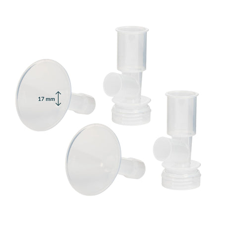 Ameda CustomFit 2-Piece Hard Flange set in 17mm — includes two clear plastic flanges and two universal bases for Ameda breast pumps
