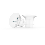 Two transparent Ameda breast pump flanges, with one lying on its side showing an internal measurement labeled 11mm, indicating the diameter of the nipple tunnel.