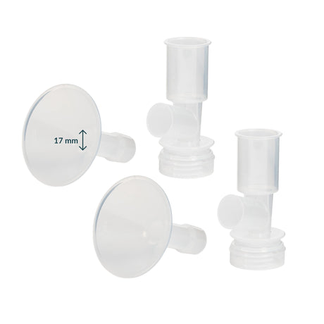 Ameda CustomFit 2-Piece Hard Flange set in 17mm — includes two clear plastic flanges and two universal bases for Ameda breast pumps