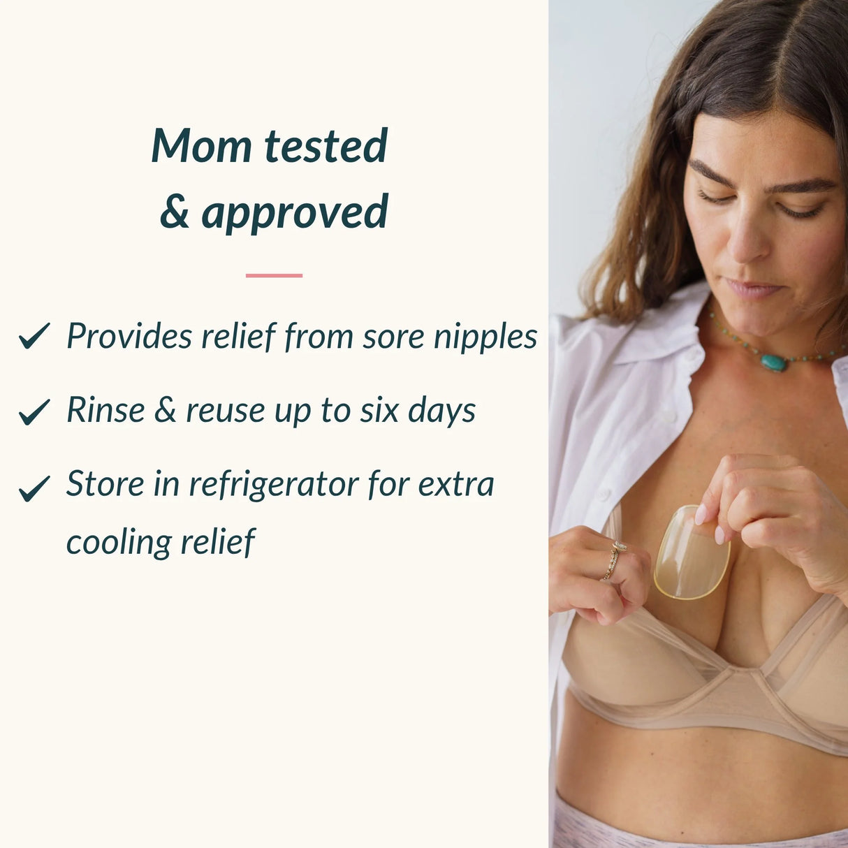 Breastfeeding mother placing an Ameda ComfortGel HydroGel Pad inside her nursing bra for soothing nipple relief