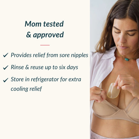 Breastfeeding mother placing an Ameda ComfortGel HydroGel Pad inside her nursing bra for soothing nipple relief