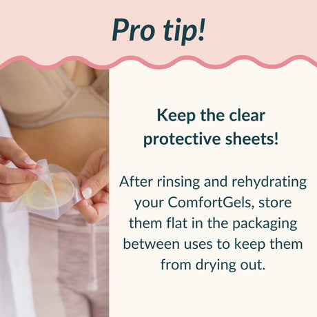 Woman holding a clear plastic storage sleeve with an Ameda ComfortGel HydroGel Pad, demonstrating proper storage between uses